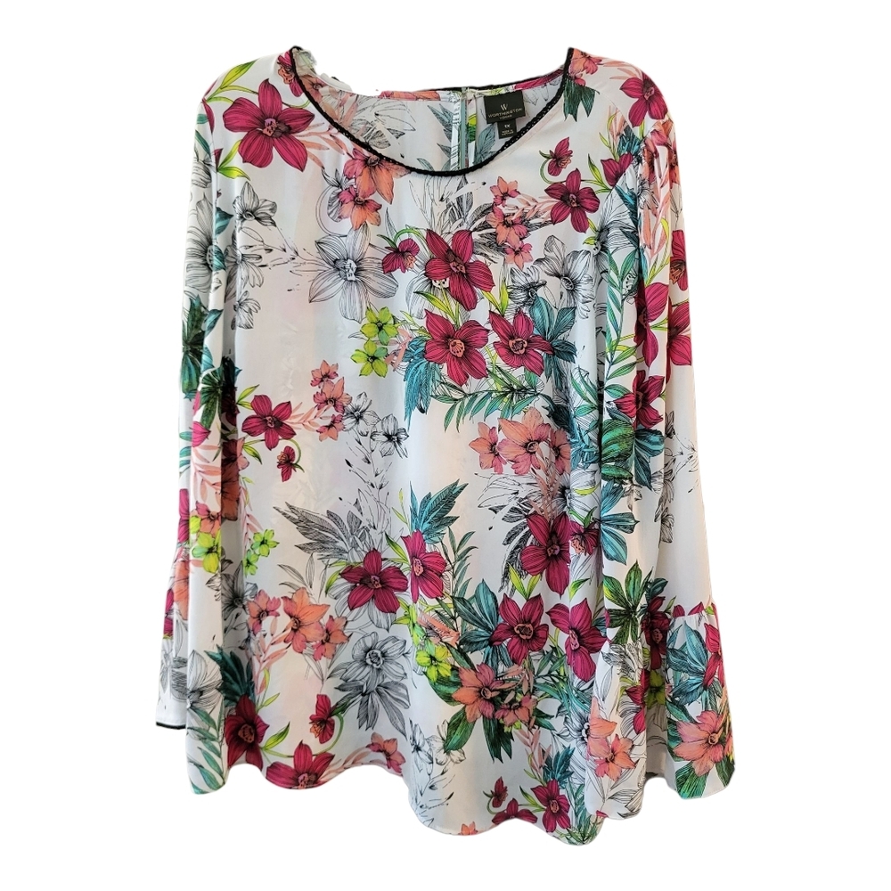 Worthington Woman Floral Print Bell Sleeve Blouse w/ Pink & Green Hues - Size 1X